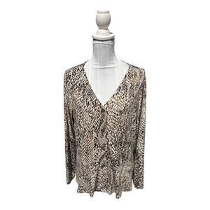 Susan Graver Printed Liquid Knit Button Front Peplum Top Snakeskin Size XL